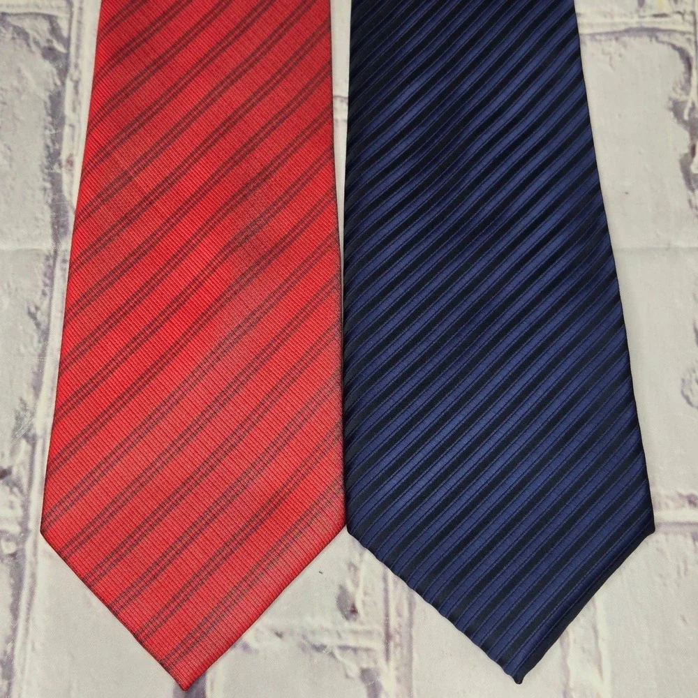 Lot of 2 Hugo Boss Neckties Red Navy Blue Striped Silk Business Formal Set Mens
